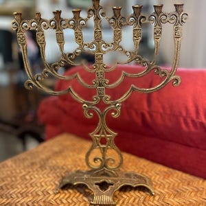 Vintage Brass 9-Branch Menorah from Jerusalem, Israel ~ Symbols of the 12 Tribes of Israel