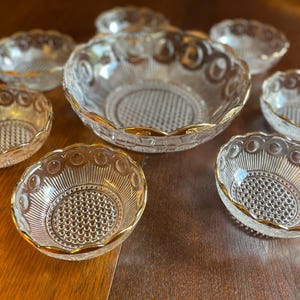 Vintage 8-Piece Set of St Genevieve Clear (Gold Trim) by Bartlett Collins Glass Bowls