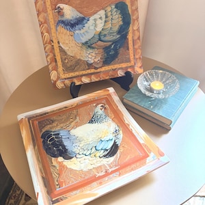 Vintage Pair Sud & Co Cassis Provence France Footed Platters - Signed "Gual" Hand Painted Ceramic Farmhouse Hens - French Country Decor