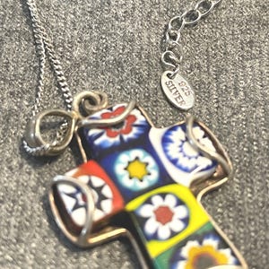 Millefiori Glass Cross Pendant Set in Silver With 18&quot; Sterling 925 Chain Necklace