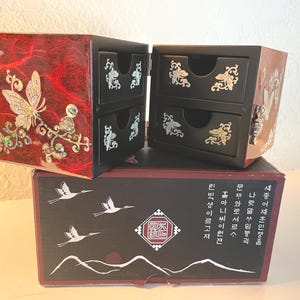 Najeon Chilgi Folding Jewelry Box with 4 drawers, Traditional Korean Lacquerware with Inlaid Mother of Pearl Butterfly Design