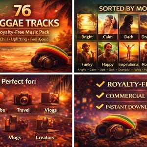 May include: Digital image promoting a reggae music pack with 76 tracks. The image shows a guitar, headphones, and text that reads "Reggae Tracks." It also shows different moods and uses, such as YouTube and Vlogs. The image also states "Royalty-Free" and "Commercial Use."