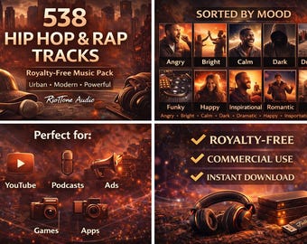 Paquete de música hip hop y rap: 538 pistas libres de regalías / Música de fondo moderna, urbana y emotiva
