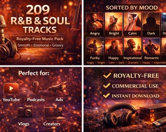 Paquete de música R&B y soul: 209 pistas libres de regalías / Música de fondo moderna, suave y emotiva