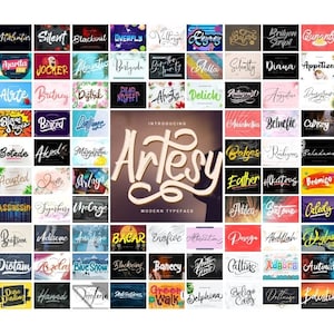 Puede incluir: Una colección de 100 fuentes manuscritas modernas, mostradas en una cuadrícula de cuadrados coloridos. Las fuentes son todas de estilo informal y casual, y muchas de ellas tienen un toque juguetón o caprichoso. El texto "Introducing Artesy Modern Typeface" se muestra en una fuente grande y en negrita en el centro de la imagen.