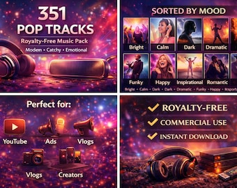 Paquete de música pop: 351 pistas libres de regalías / Música de fondo moderna, pegadiza y emotiva