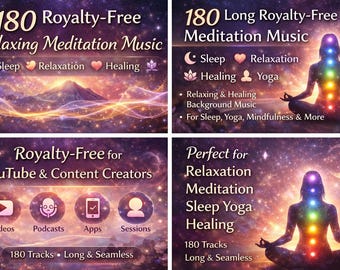 180 pistas de música de meditación sin regalías / Música relajante y curativa de larga duración para dormir, yoga, mindfulness y videos