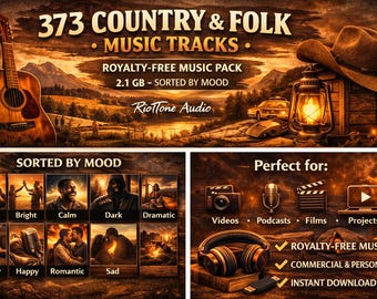 Colección de música country y folk: 373 pistas MP3 / Música de fondo sin derechos de autor / Ordenada por estado de ánimo / Descarga instantánea