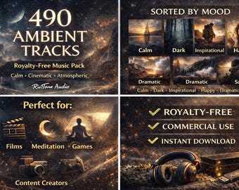 Paquete de música ambiental: 490 pistas libres de regalías (3,57 GB) / Música de fondo tranquila, oscura y cinematográfica