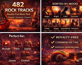 Paquete de música rock: 482 pistas libres de regalías / Música de fondo potente, emotiva y enérgica