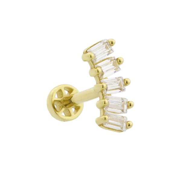 14 K Solid Gold 5 Baguette Cut Diamond Piercing, Diamond Helix Ear Stud, Baguette Cartilage Earring, Screw Back Zircon Ear Stud, 16G (1.2mm)