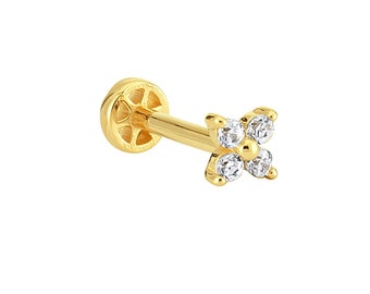 14 K Gold Clover Floral Diamond Piercing, Flower Motif Zircon Daith Piercing, Helix Tragus Ear Stud, Lotus Screw Back Ear Stud, 16G (1.2mm)