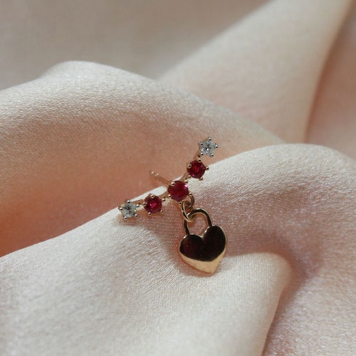 14 K Solid Gold Diamond Pink Heart, Key shops and Lock Earring, Minimalist Heart Earring, Gold Lock Hoop, Diamond Key Huggie