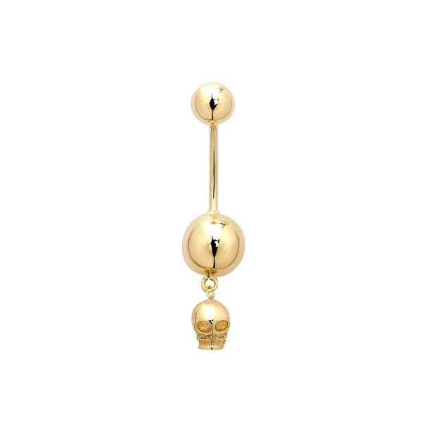 14K Solid Gold Belly Skull Piercing / Skull Navel Piercing Round shape two balls Internally Threaded Barbell Jewelry, 16G