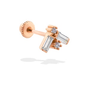 14 K Gold Baguette and Round Diamond Piercing, Fly Motif Zircon Daith Piercing, Helix and Tragus Ear Stud, Screw Back Ear Stud, 16G (1.2mm)
