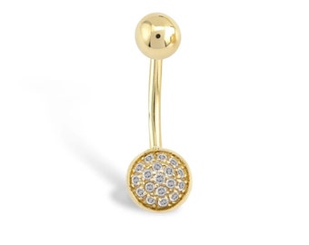 14K Solid Gold Belly Piercing Navel Diamınd Piercing, Round two balls Internally Threaded Barbell Jewelry 0.15ct Diamond Belly Piercing, 16G