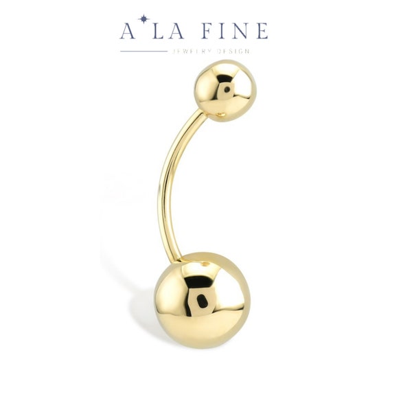 14K Solid Gold Belly Piercing / Navel Piercing Round shape two balls Internally Threaded Barbell Jewelry, 16G