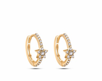 14 K Solid Gold Diamond Mini Star Hoop Earrings, Tiny Star Diamond Huggie Hoop Earrings, Star Diamond Earrings