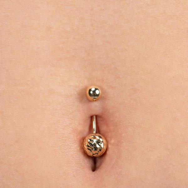 14K Solid Yellow Gold Belly Piercing Navel Piercing Round shape two balls Internally Threaded Barbell Jewelry Zircon Belly Piercing, 16G