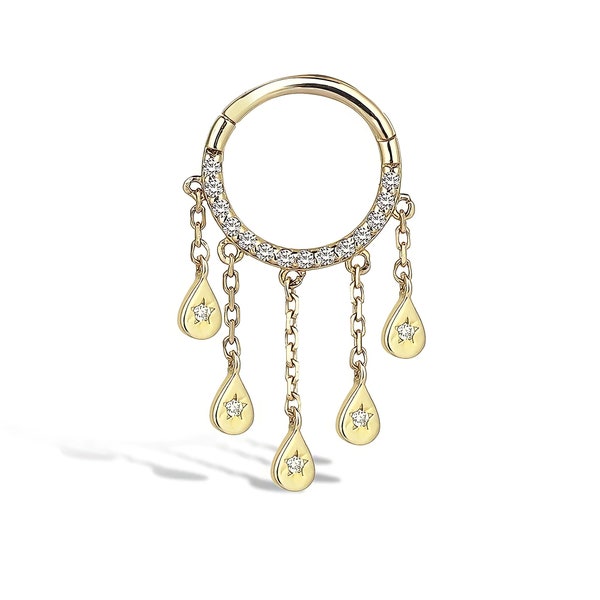 14 K Cartilage Gold Dangle Star Diamond Hoop Piercing,  Diamond Hoop Clicker, Daith Earring, Diamond Star Hoop Clicker