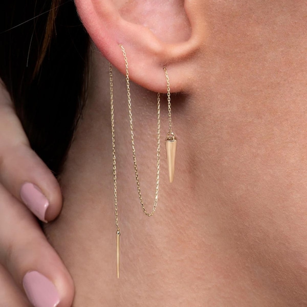 14k Solid Gold Long Threader Conic Earring, Long Chain Conical Threader, White- Rose - Gold Chain Earring, Double Piercing