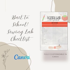 Puede incluir: Gráfico beige y blanco con el texto "Back to School! Sewing Lab Checklist". Una lista de verificación con casillas rojas y blancas está a la derecha. El logotipo de Canva está en la parte inferior, con el texto "FULLY CUSTOMIZABLE IN CANVA."
