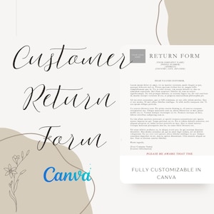 以下が含まれることがあります： 白とグレーの顧客返品フォームテンプレートで、テキスト「Customer Return Form」は筆記体で書かれています。フォームには、顧客の名前、電話番号、住所、国、市、郵便番号を入力するスペースがあります。フォームには、顧客がメッセージを書くためのセクションも含まれています。フォームはCanvaで完全にカスタマイズできます。
