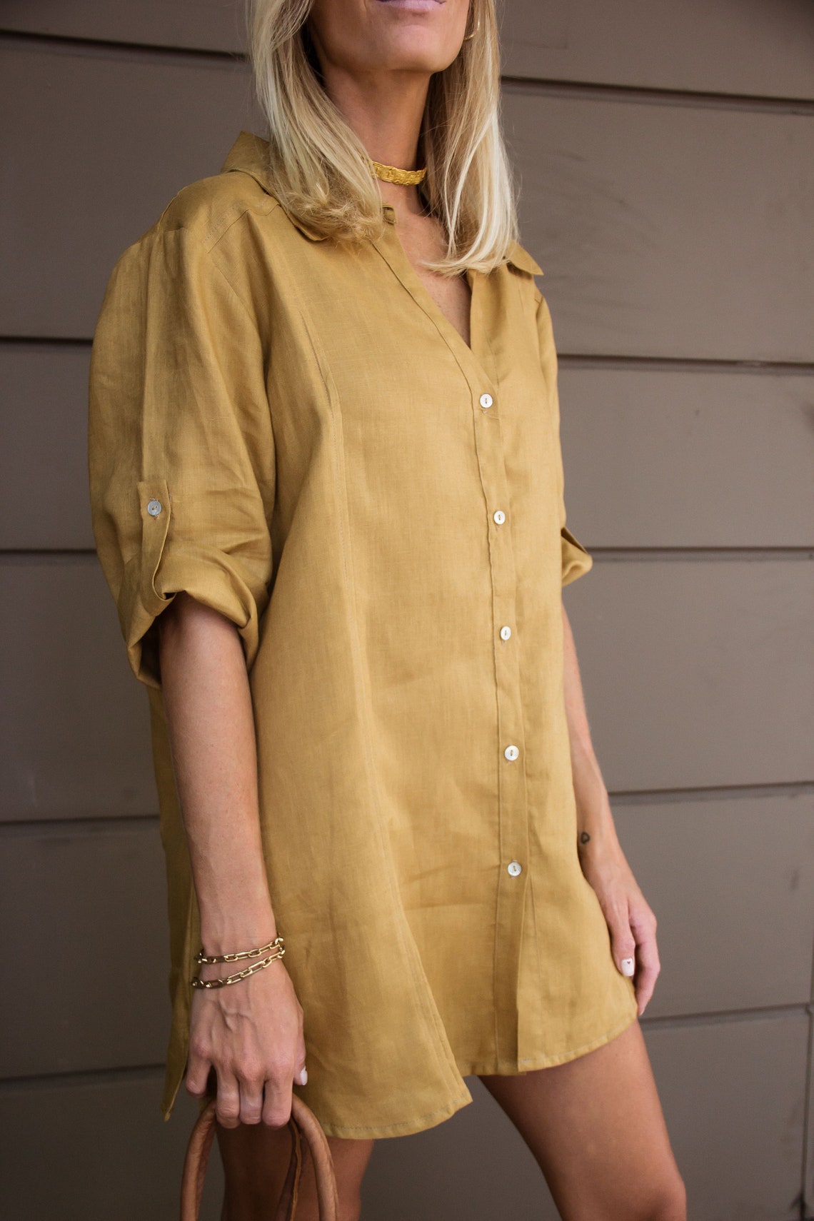 Handmade 100 Linen Shirt in Beige Summer Pure Linen Dress Etsy