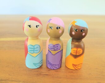 Mermaid Peg Dolls, Multicultural Peg Dolls, Painted Peg People, Peg Doll Set of 3, Mermaid Lover Gift, Wooden Toys for 2 Year Old, Peg Dolls