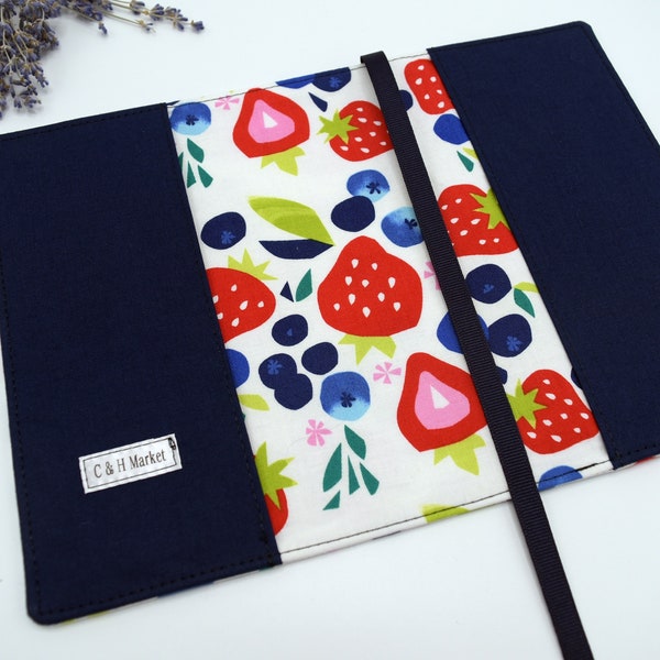 Fabric Book Cover, Reusable Book Protector in Paperback/Mass Market, Trade/Digest, Hardcover sizes in a Strawberry and Blueberry Pattern