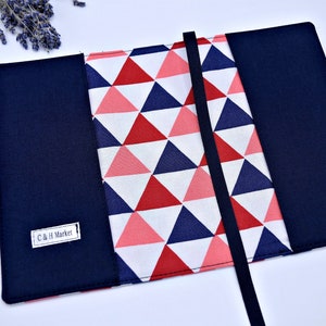 Fabric Book Cover, Reusable Book Protector in Paperback/Mass Market, Trade/Digest, Hardcover sizes in a Blue, Pink and Red Triangle Pattern