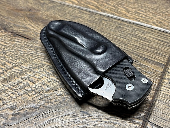 Horizontal Leather Sheath for Spyderco Manix 2 Folding Knife - Original Factory Clip Position