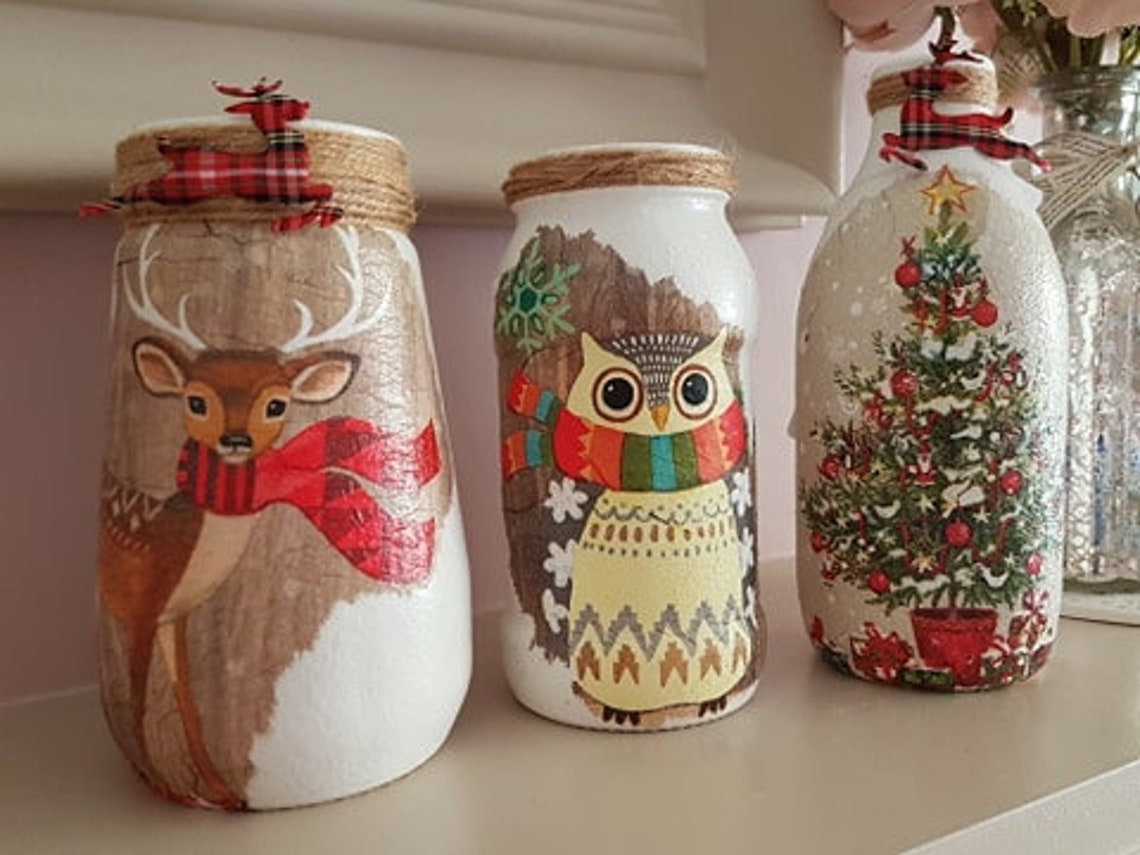 Handcrafted decoupaged set of 3 Christmas jars. Etsy