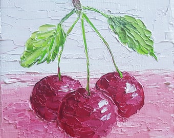 Red Cherries Tiny Painting, Fruit 2.8x2.8 small oil painting, Fridge Magnet, Red Cherry Miniature on Canvas, Kitchen decor, ArtStudioSVT