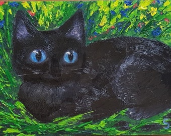 Black cat, Cat resting in grass, Animal original 4.8x8 painting, Lurking cat, Oil painting, Animal wall art, ArtStudioSVT