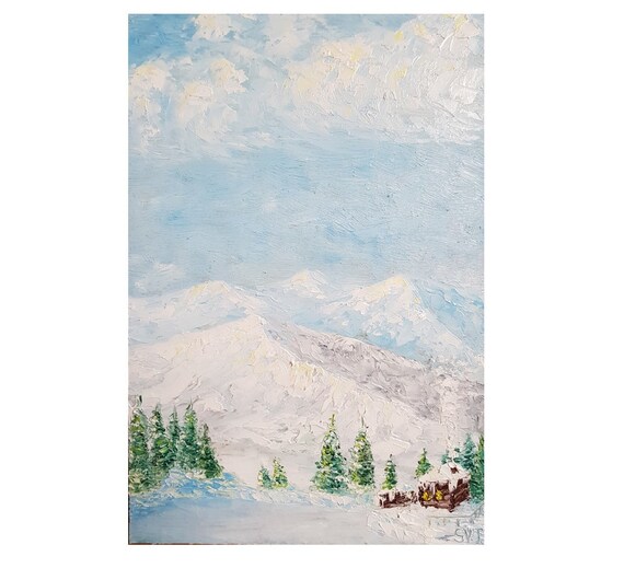 Snow capped mountains oil painting Winter landscape handmade artwork Houses in Alps oil painting Original Impasto artwork 12x8 ArtStudioSVT