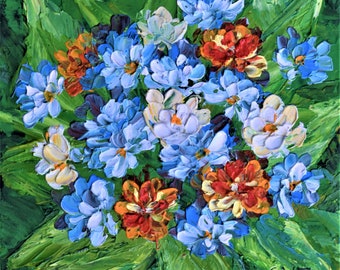 Wildflowers Small Bouquet Painting Forget-me-not Original Oil Art Floral Impasto Painting Small Flowers Wall Decor 4.8 by 4.8