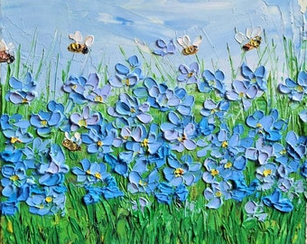 Forget-me-not, Bees, Honey Bees above Blue Flowers, Oil Painting, 6x6, Wildflowers Oil Artwork Forget-nots Impasto, ArtStudioSVT