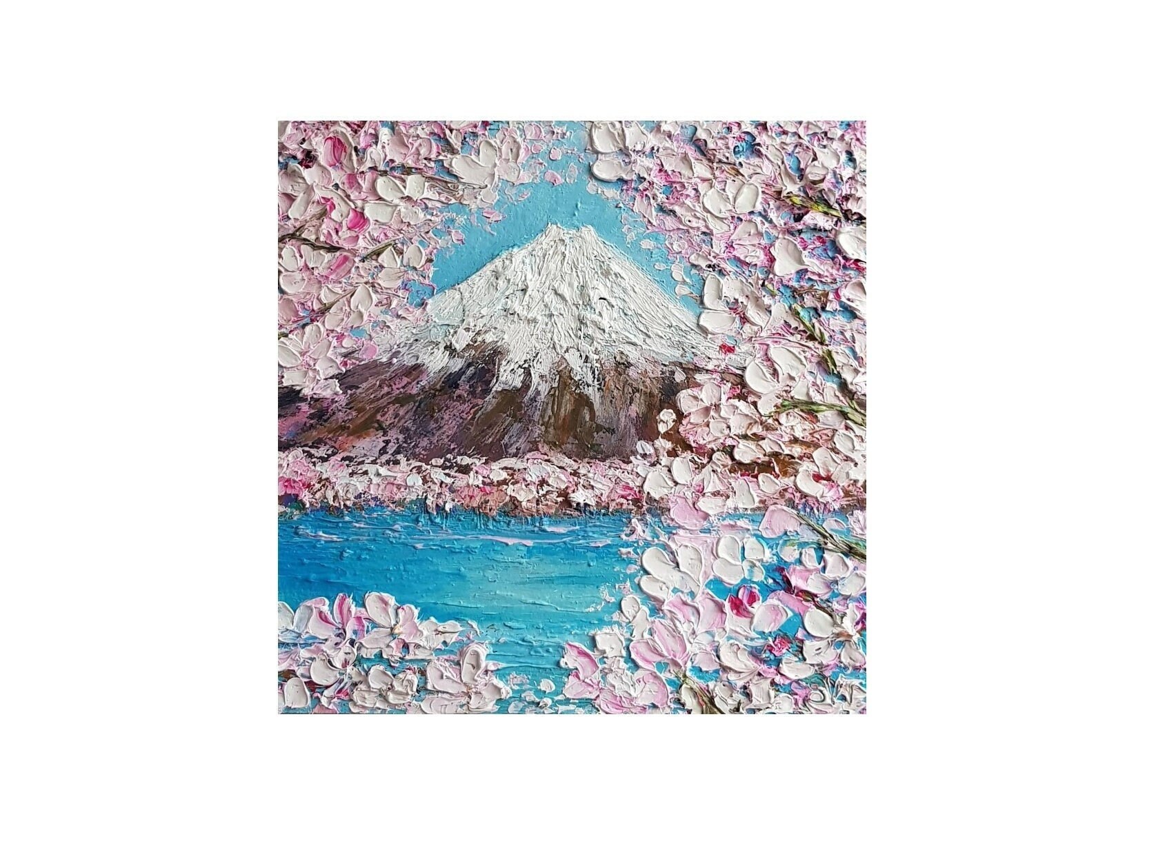 Fujiyama Square Oil Painting Sakura Blooming Serene Landscape - Etsy