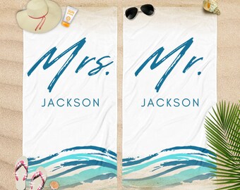 Personalized Honeymoon Vacation Beach Pool Towel | Custom Last Name Bath Towels, Mr and Mrs Beach Towel Set, Wife Husband Honeymoon Items