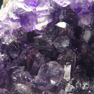 May include: Close-up of a cluster of amethyst crystals. The crystals are a deep purple colour and have a variety of shapes and sizes. The crystals are clustered together in a natural formation.