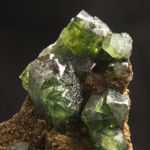 May include: A cluster of green, translucent crystals on a dark brown matrix. The crystals have a sharp, geometric shape and are arranged in a random pattern.