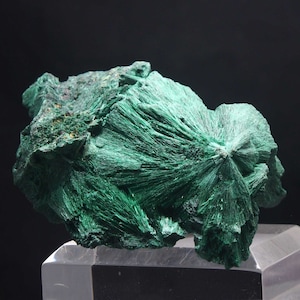 Może przedstawiać: Duży, zielony okaz minerału malachitu o kształcie wachlarza. Minerał ma szorstką, fakturowaną powierzchnię i głęboki zielony kolor.