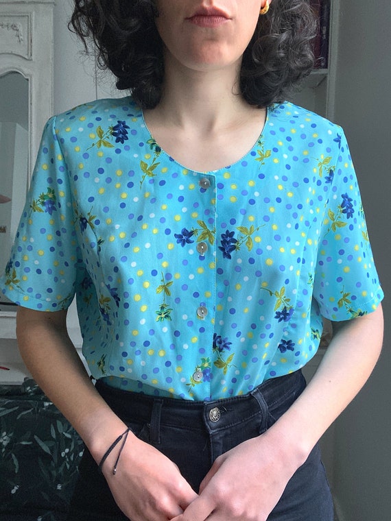Vintage 80/'s Patterned Blue Blouse