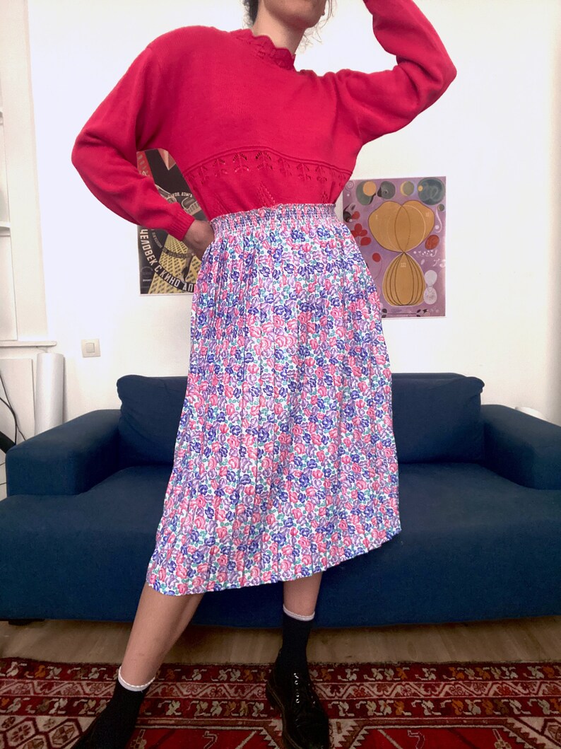 Vintage Midi Skirt Pleated Smocked Floral Patterned 80s Pink Purple White Size M L 10 12 14