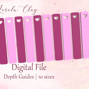 May include: Ten pink and burgundy depth guides with heart cutouts. Each guide is labeled with a measurement in inches: 1.0, 1.5, 2.0, 2.5, 3.0, 3.5, 4.0, 4.5, 5.0, 5.5. The text "Digital File" and "Depth Guides | 10 sizes" is below the guides.