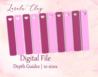 May include: Ten pink and burgundy depth guides with heart cutouts. Each guide is labeled with a measurement in inches: 1.0, 1.5, 2.0, 2.5, 3.0, 3.5, 4.0, 4.5, 5.0, 5.5. The text "Digital File" and "Depth Guides | 10 sizes" is below the guides.
