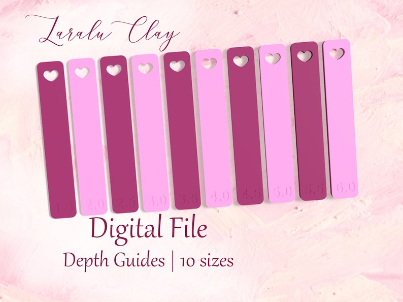 May include: Ten pink and burgundy depth guides with heart cutouts. Each guide is labeled with a measurement in inches: 1.0, 1.5, 2.0, 2.5, 3.0, 3.5, 4.0, 4.5, 5.0, 5.5. The text "Digital File" and "Depth Guides | 10 sizes" is below the guides.