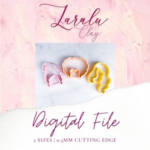 May include: Three pink, yellow, and orange plastic cookie cutters shaped like a woman's hair, a woman's hair, and a woman's hair. The cookie cutters are on a white surface. The text "Digital File" is below the cookie cutters. The text "2 SIZES | 0.3MM CUTTING EDGE" is below the text "Digital File".