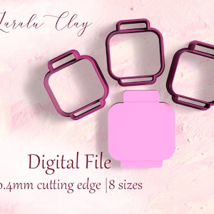 May include: Four pink plastic cookie cutters shaped like Lego bricks. The text "Digital File" and "0.4mm cutting edge | 8 sizes" is below the cutters.